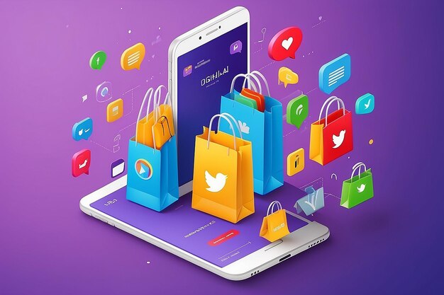 Il concetto di shopping online su social media app 3d Smartphone con borsa della spesa chat consegna di messaggi 24 ore e come icona adatta per la promozione di negozi digitali web e illustrazione pubblicitaria