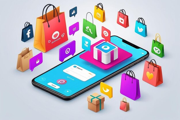 Il concetto di shopping online su social media app 3d Smartphone con borsa della spesa chat consegna di messaggi 24 ore e come icona adatta per la promozione di negozi digitali web e illustrazione pubblicitaria