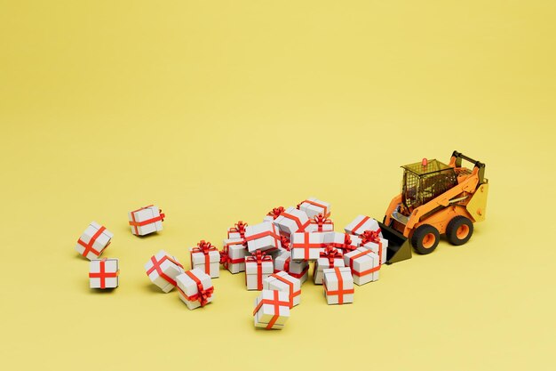 Il concetto di spostare scatole regalo un bulldozer che raccoglie scatole regalo su uno sfondo giallo 3D render