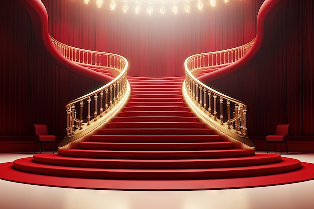 Il concetto di successo e trionfo raffigurato attraverso il rendering 3D di un evento di tappeto rosso con scale e oro