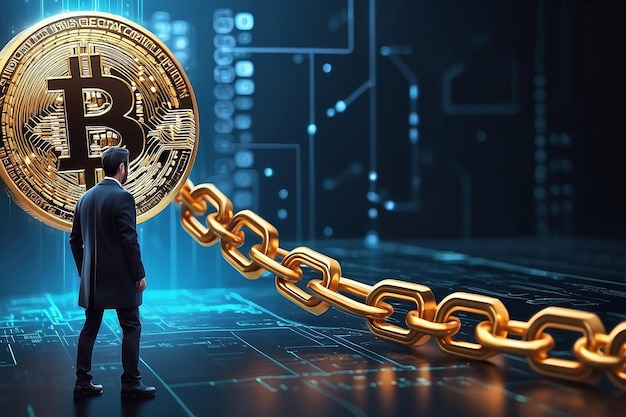 Il concetto di tecnologia blockchain con una catena di blocchi crittografati e una persona sullo sfondo delle criptovalute finanziarie fintech come Bitcoin