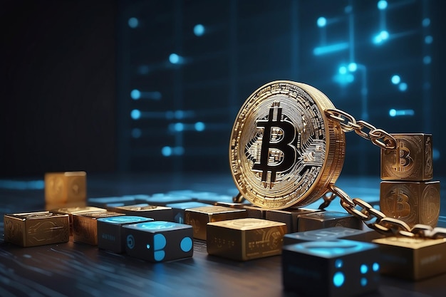 Il concetto di tecnologia blockchain con una catena di blocchi crittografati e una persona sullo sfondo delle criptovalute finanziarie fintech come Bitcoin
