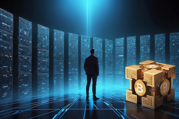 Il concetto di tecnologia blockchain con una catena di blocchi crittografati e una persona sullo sfondo delle criptovalute finanziarie fintech come Bitcoin
