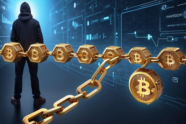 Il concetto di tecnologia blockchain con una catena di blocchi crittografati e una persona sullo sfondo delle criptovalute finanziarie fintech come Bitcoin