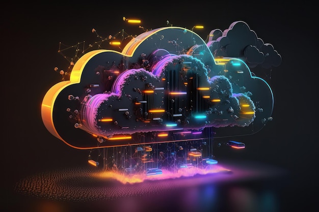 Il concetto di tecnologia dell'icona Cloud incandescente ha esploso il pannello con servizi e dati cloud