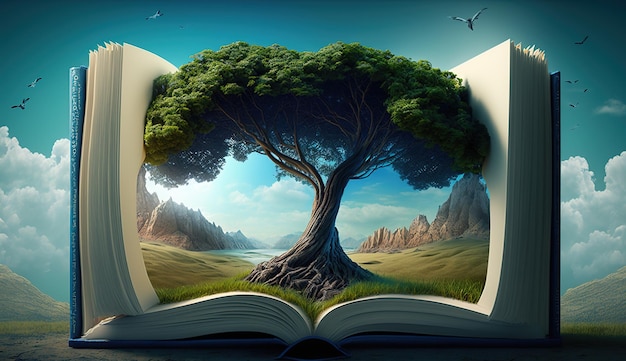 Il concetto di un libro o di un albero della conoscenza che cresce da un vecchio libro aperto