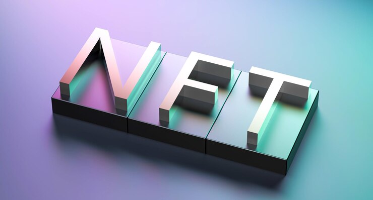 Il concetto di una parola di concetto NFT token non fungibile su sfondo astratto3d rendering illustrazione