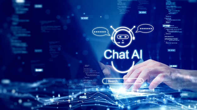 Il concetto di una persona che usa un computer collegato alla tecnologia Chat AI per aiutare a elaborare