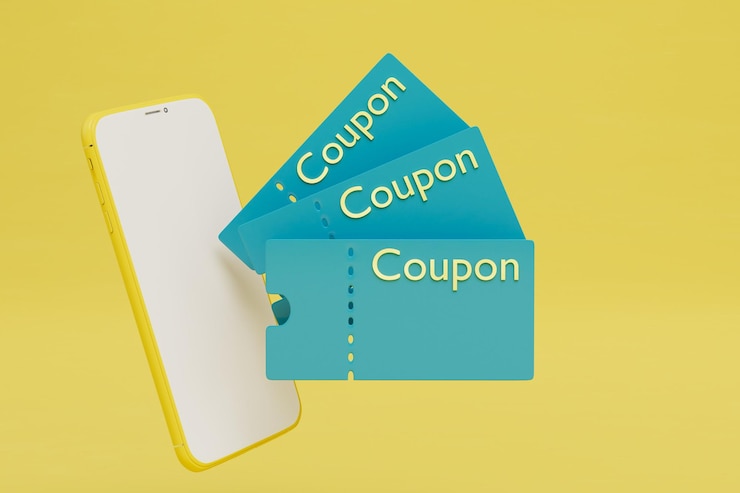 Foto il concetto di utilizzo di sconti su coupon smartphone e coupon su sfondo giallo rendering 3d