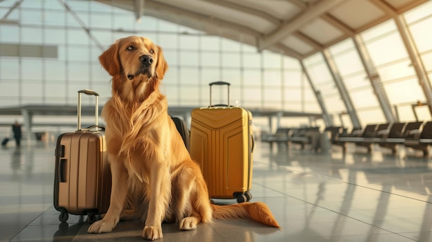Il concetto di viaggiare con gli animali domestici un dog retriever si siede all'aeroporto o alla stazione degli autobus in attesa