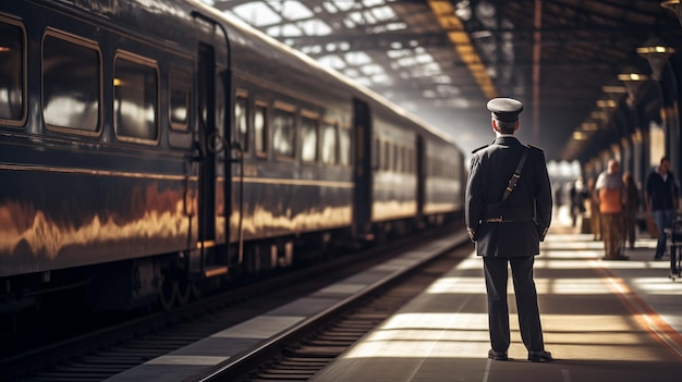 Il conduttore del treno aspetta sulla piattaforma la prossima partenza