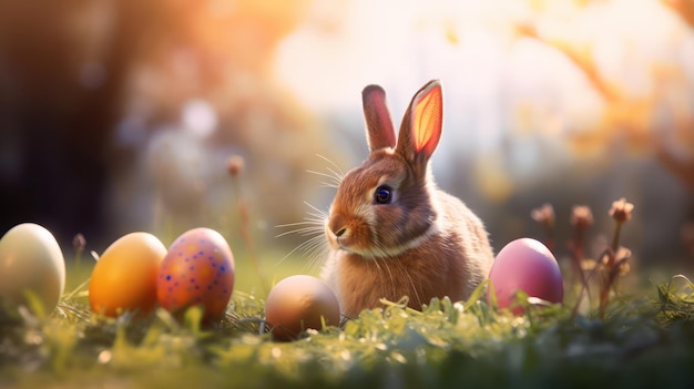 Il coniglietto di Pasqua ha decorato le uova e il coniglio carino nel prato soleggiato della primavera con le luci astratte sfocate