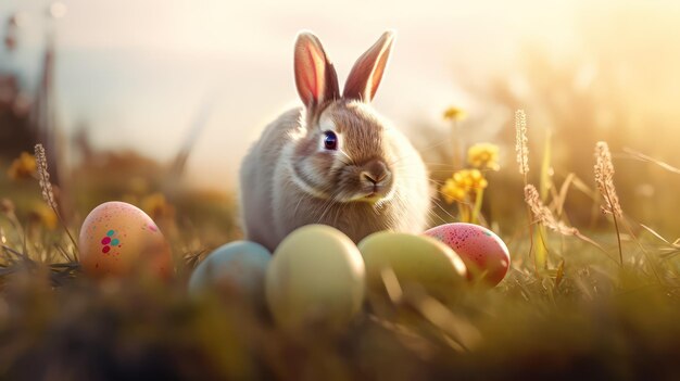 Il coniglietto di Pasqua ha decorato le uova e il coniglio carino nel prato soleggiato della primavera con le luci astratte sfocate