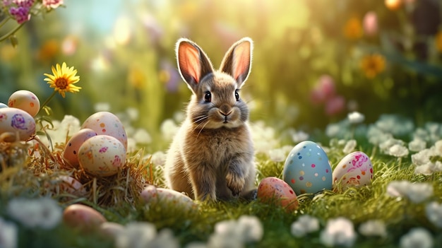Il coniglietto di Pasqua in un campo con le uova di Pasqua
