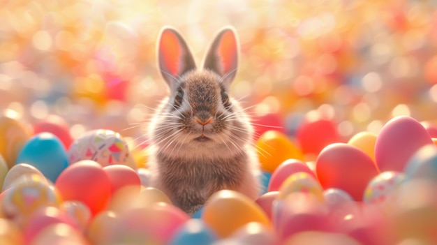 Il coniglietto di Pasqua in un campo di uova colorate vibranti che simboleggiano la gioia e la celebrazione della Pasqua atmosfera felice e luminosa AI Generative