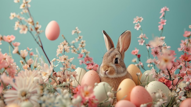 Il coniglietto di Pasqua sbircia attraverso l'arrangiamento floreale primaverile