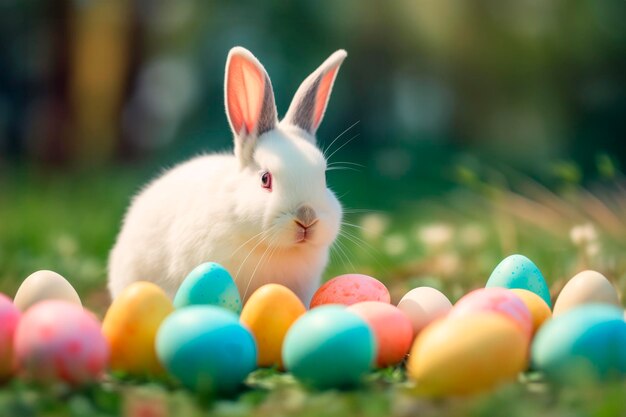 Il coniglietto di Pasqua seduto all'aperto nell'erba con le uova di Pasqua