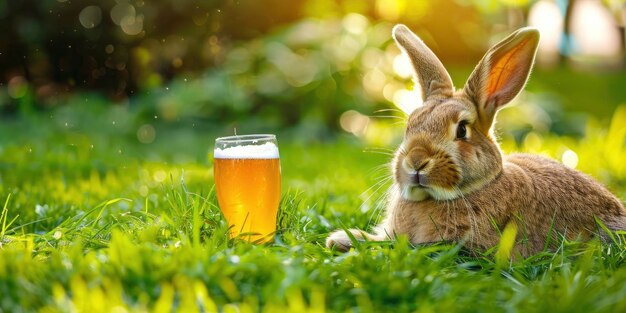 Il coniglietto di Pasqua si gode una birra in una giornata di sole nel prato verde