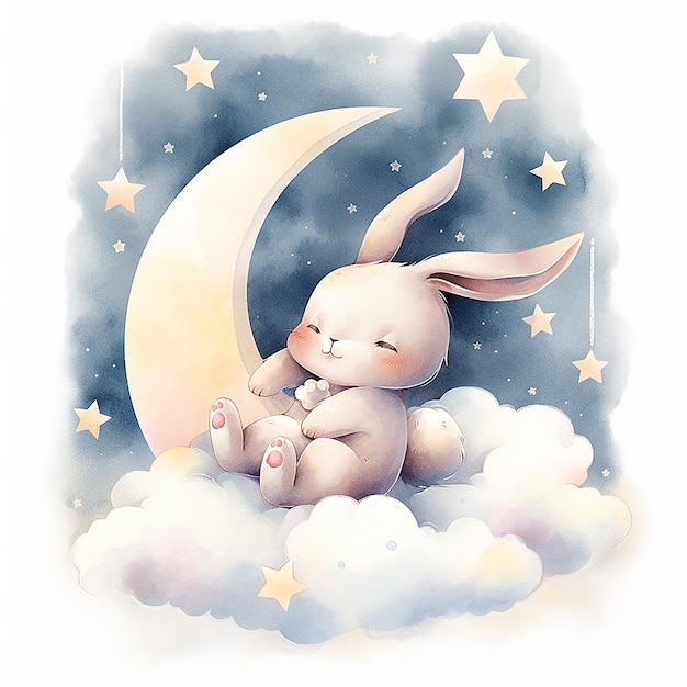 Il coniglietto e la luna illustrazione ad acquerello
