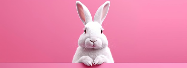 il coniglio bianco con le orecchie su uno sfondo rosa