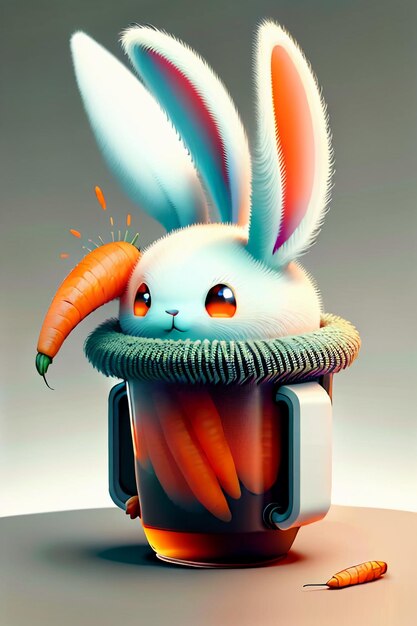 Il coniglio che è posto nella tazza ama le carote sfondo creativo per il design del mini coniglio