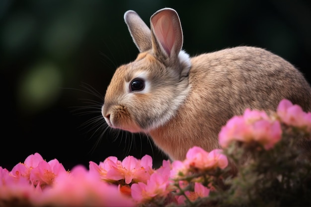 Il coniglio che rosicchia un fiore rosa