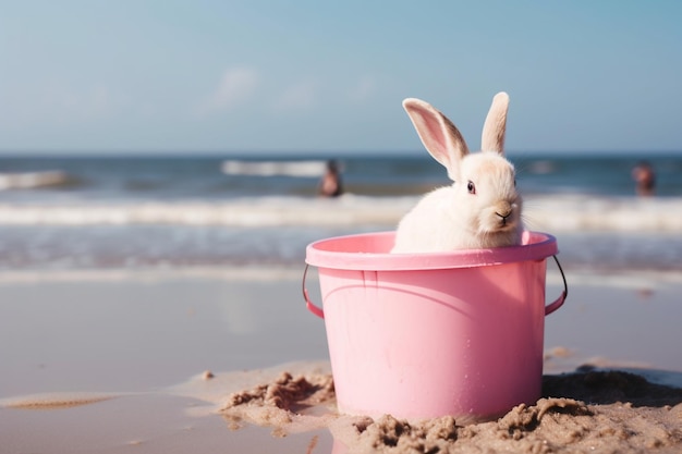 Il coniglio seduto in un secchio rosa in spiaggia