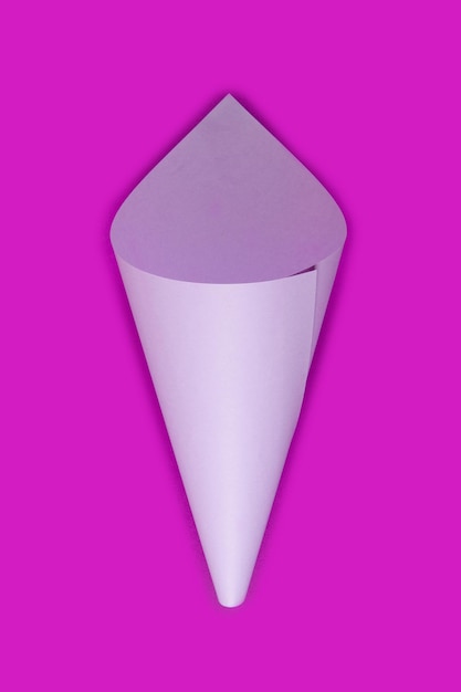 Il cono di carta viola chiaro vuoto si trova su sfondo fuksia Colori vivaci Mockup di pacchetto per fiori