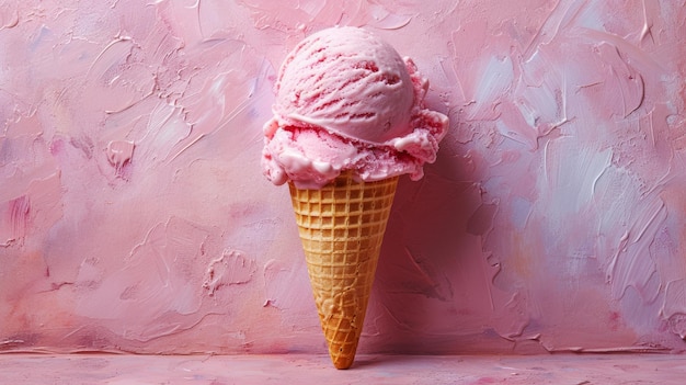 Il cono di gelato alla fragola su uno sfondo di consistenza rosa