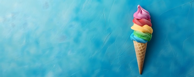 Il cono di gelato Rainbow Swirl su uno sfondo blu