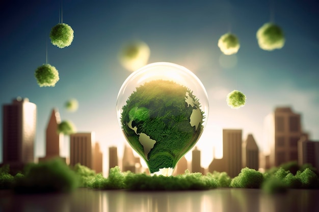 Il consumo di energia e le emissioni di gas di CO2 sono in aumento lampadine con green eco city Energia rinnovabile entro il 2050 Energia carbon neutral Risparmiare energia concetto di idea creativa Generative Ai