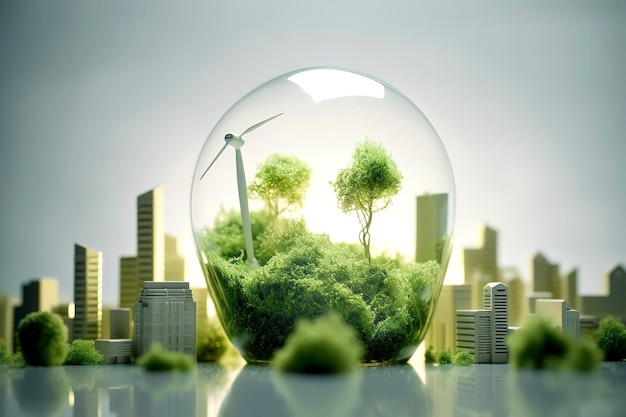 Il consumo di energia e le emissioni di gas di CO2 sono in aumento lampadine con green eco city Energia rinnovabile entro il 2050 Energia carbon neutral Risparmiare energia concetto di idea creativa Generative Ai