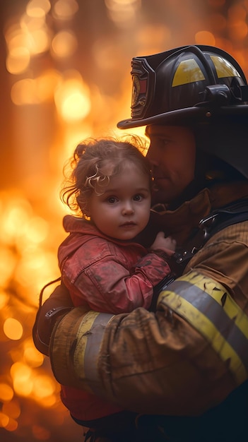 Il coraggioso pompiere culla un bambino sullo sfondo di un fuoco, salva e coraggio per la sicurezza in pericolo AI