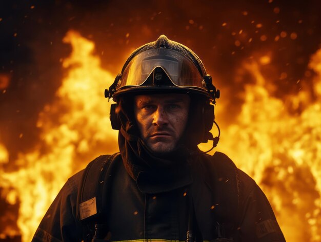 Il coraggioso pompiere maschio affronta senza timore l'inferno ardente