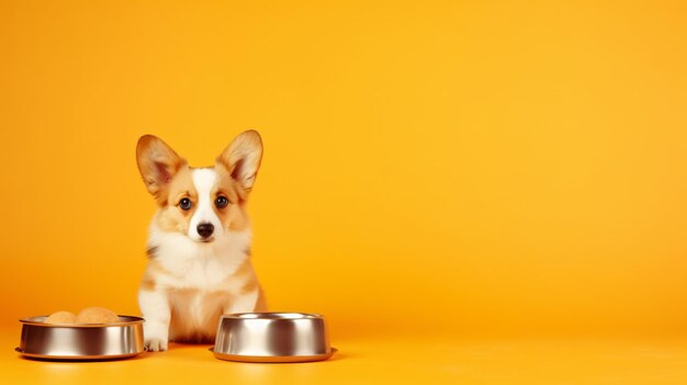 Il corgi consuma cibo per animali. Copia l'immagine dello spazio.