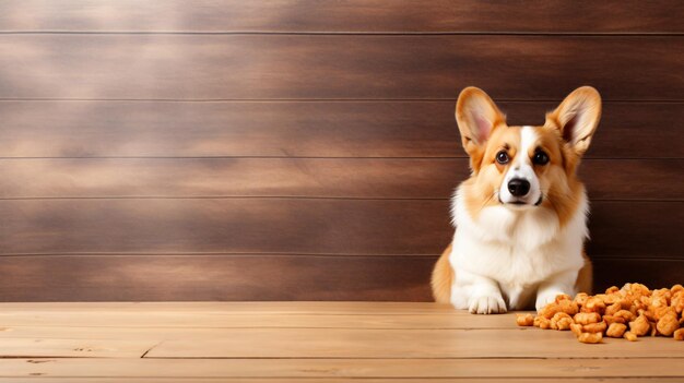 Il corgi consuma cibo per animali. Copia l'immagine dello spazio.