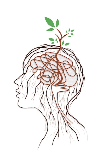 Il corpo umano e la mente collegati alla natura illustrazione simbolica