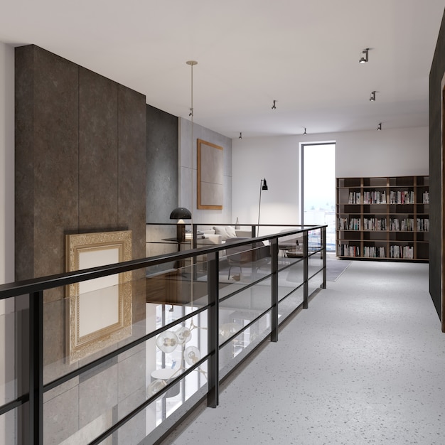 Il corridoio con ringhiere in vetro al secondo piano, che conduce ad un'area ricreativa e ad una biblioteca. Appartamento duplex nello stile di un loft. rendering 3D.