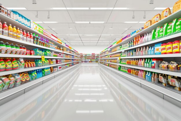 Il corridoio del supermercato da varie angole senza carrello della spesa
