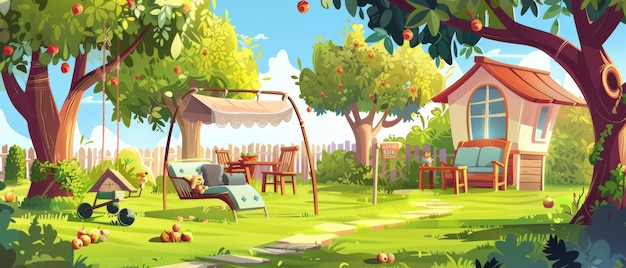 Il cortile posteriore di una casa di campagna con alberi piante e mobili paesaggio estivo cartone animato con frutta e erba verde altalena con baldacchino tavolo di legno e sedie e casa del cane
