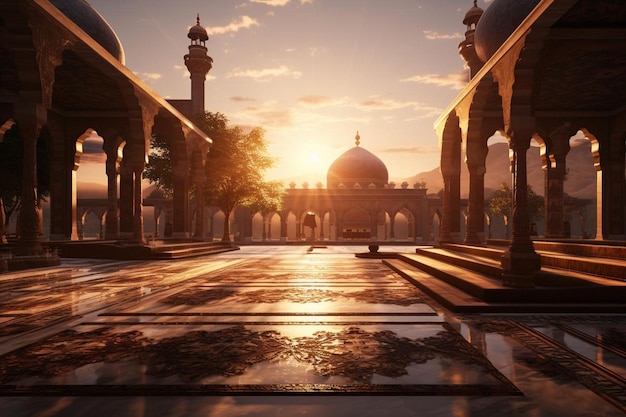 Il cortile sereno della moschea al tramonto