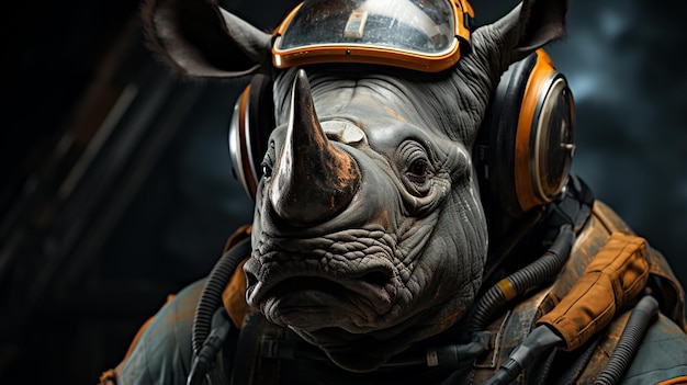 Il cosmonauta One Horned Rhinoceros vestito con un casco di tuta spaziale uno sfondo scuro Generative Ai
