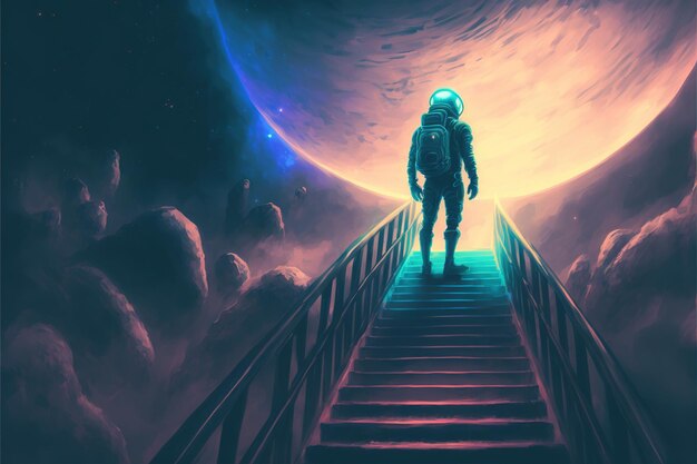 Il cosmonauta sale le scale Astronauta in piedi sulle scale futuristiche e guardando la luce alla fine Pittura illustrativa in stile arte digitale