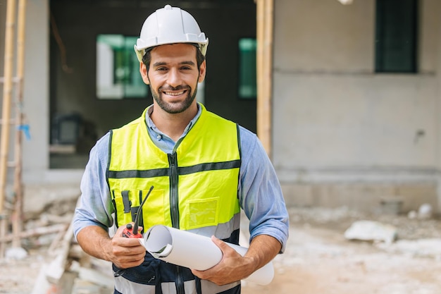 Il costruttore di ingegneri Happy Foreman lavora nel concetto di leader del progettista del progetto del lavoratore anziano del cantiere