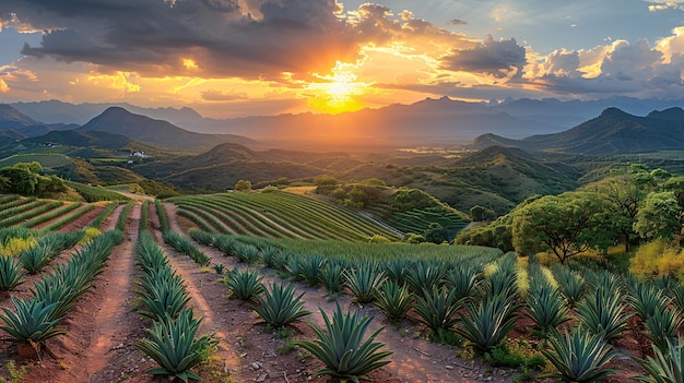 Il crepuscolo su un campo di Agave usato per la creazione di Tequila nello stato del Messico