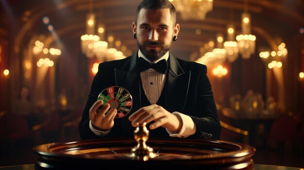 Il croupier tiene una palla da roulette in un casinò in hi