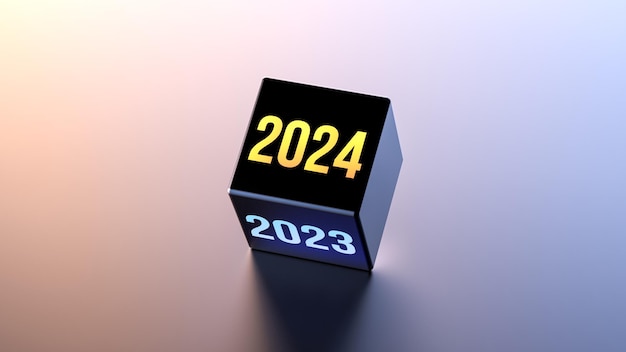 Il cubo 2023 si trasforma in 2024 20232024 concetto astratto neon banner carta da parati Pianificazione 2024 business art rendering 3D