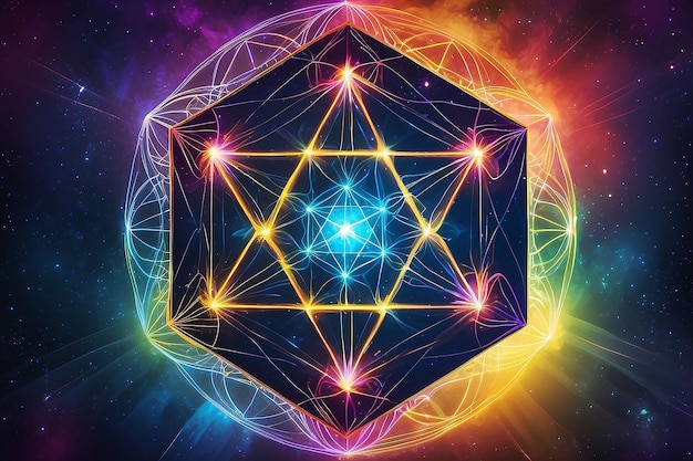 Il cubo di Metatron, geometria sacra su uno sfondo sfocato colorato.