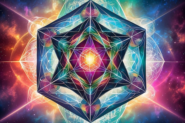 Il cubo di Metatron, geometria sacra su uno sfondo sfocato colorato.