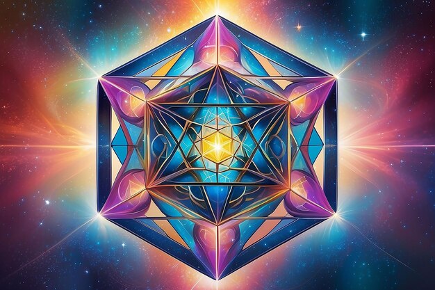 Il cubo di Metatron, geometria sacra su uno sfondo sfocato colorato.